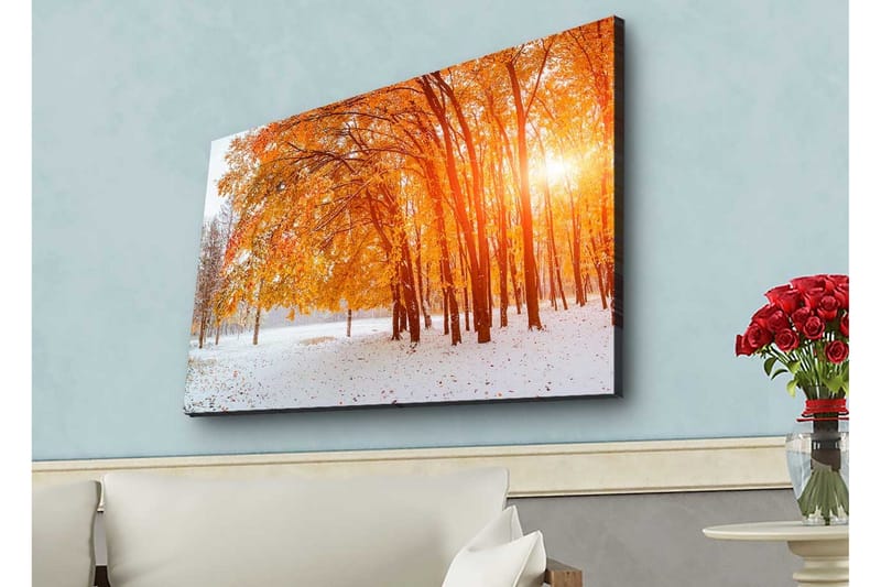 Canvastavla med LED-belysning - Gyllene höstskog med solstrålar som strålar genom träden - Orange / Guld / Vit - Inredning & dekor - Tavlor & konst - Canvastavla