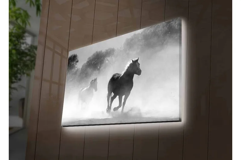 Canvastavla med LED-belysning - Hästar som galopperar genom dimma - Svart / Vitt / Grått - Inredning & dekor - Tavlor & konst - Canvastavla