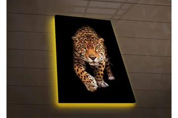 Canvastavla med LED-belysning - Jagande jaguar i fokus - Guld / Svart / Vit - Inredning & dekor - Tavlor & konst - Canvastavla