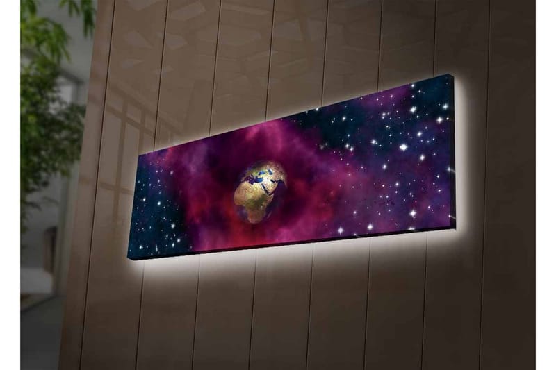 Canvastavla med LED-belysning - Jorden omgiven av en stjärnklar rymd med färgglada nebulosor - Lila / Blå / Guld - Inredning & dekor - Tavlor & konst - Canvastavla