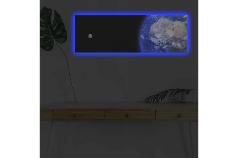 Canvastavla med LED-belysning - Jorden sedd från rymden med en måne i bakgrunden, Blå / Grå / Svart