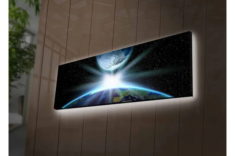 Canvastavla med LED-belysning - Jorden sedd från rymden med strålar av ljus som bryter genom atmosfären - Blå / Grön / Svart - Inredning & dekor - Tavlor & konst - Canvastavla