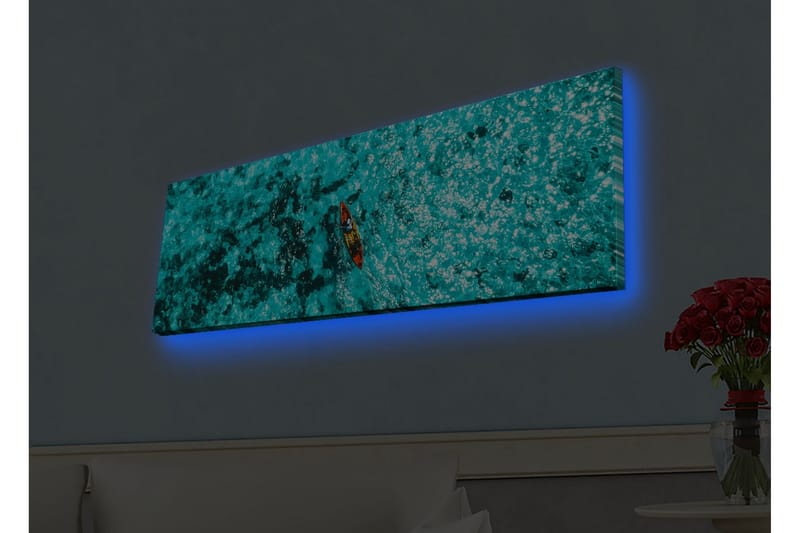 Canvastavla med LED-belysning - Kajak som paddlar över turkost vatten, Turkos / Mörkblå / Röd