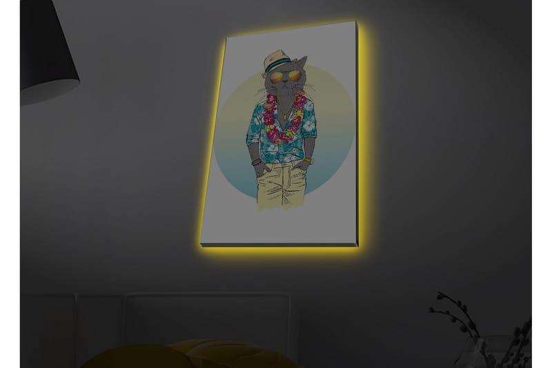 Canvastavla med LED-belysning - Katt i somrig klädsel med blommig krans och solglasögon, Blå / Grön / Beige