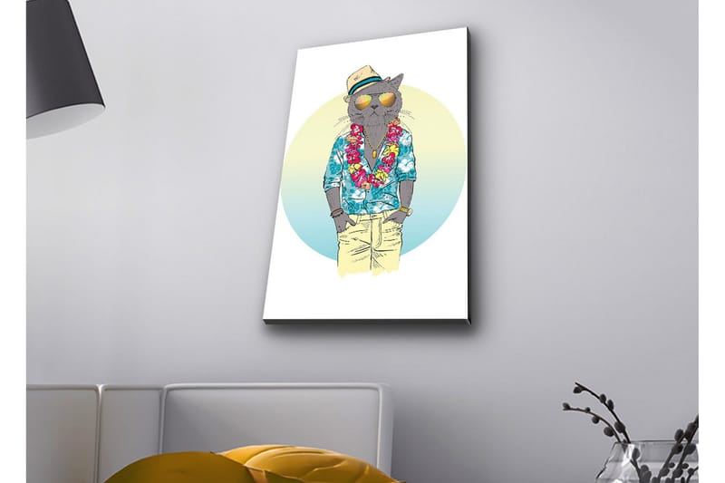 Canvastavla med LED-belysning - Katt i somrig klädsel med blommig krans och solglasögon - Blå / Grön / Beige - Inredning & dekor - Tavlor & konst - Canvastavla