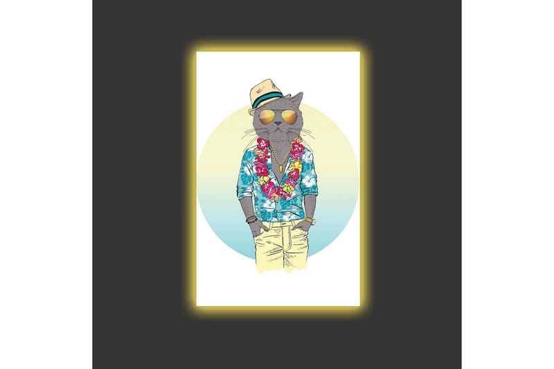 Canvastavla med LED-belysning - Katt i somrig klädsel med blommig krans och solglasögon - Blå / Grön / Beige - Inredning & dekor - Tavlor & konst - Canvastavla