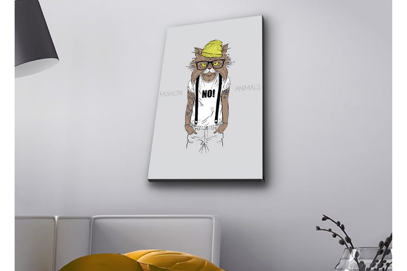 Canvastavla med LED-belysning - Katt med hipsterstil i kläder och glasögon - Gul / Brun / Vit - Inredning & dekor - Tavlor & konst - Canvastavla