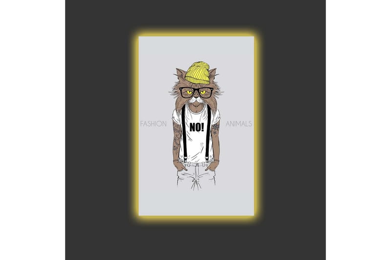 Canvastavla med LED-belysning - Katt med hipsterstil i kläder och glasögon - Gul / Brun / Vit - Inredning & dekor - Tavlor & konst - Canvastavla