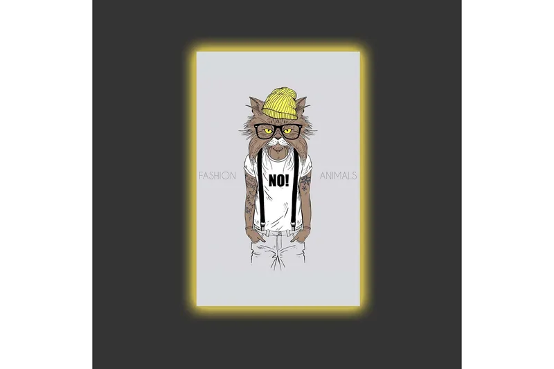 Canvastavla med LED-belysning - Katt med hipsterstil i kläder och glasögon - Gul / Brun / Vit - Inredning & dekor - Tavlor & konst - Canvastavla