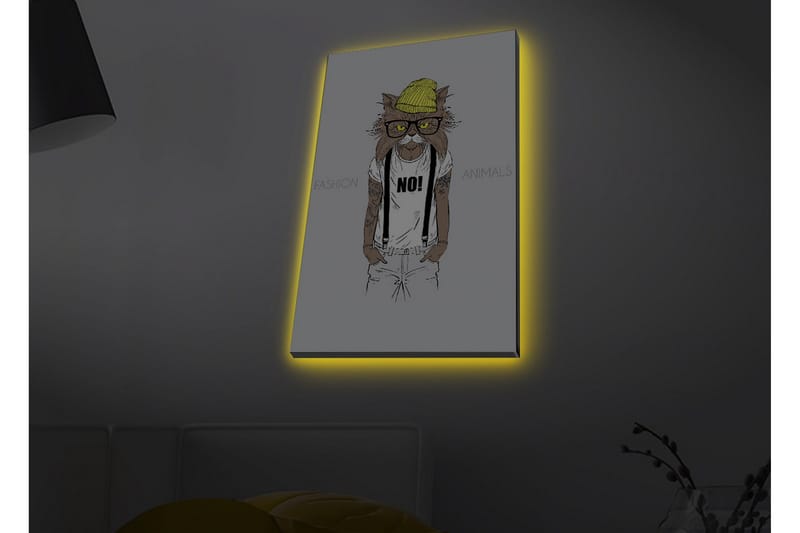 Canvastavla med LED-belysning - Katt med hipsterstil i kläder och glasögon - Gul / Brun / Vit - Inredning & dekor - Tavlor & konst - Canvastavla