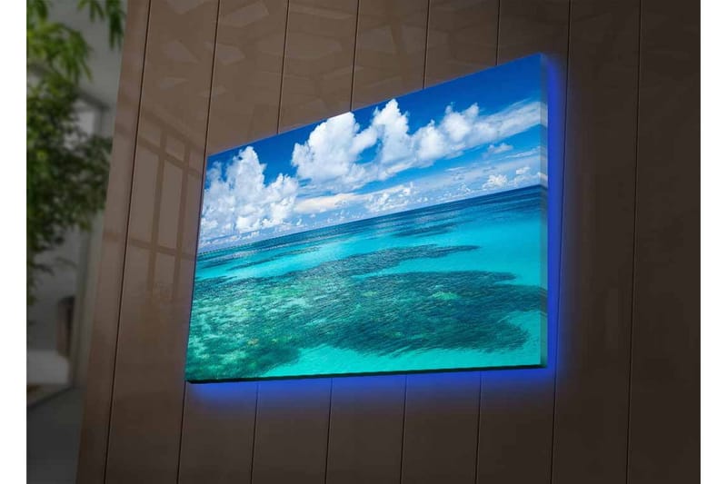 Canvastavla med LED-belysning - Klarblå havsutsikt med korallrev och vita moln - Blå / Turkos / Vit - Inredning & dekor - Tavlor & konst - Canvastavla