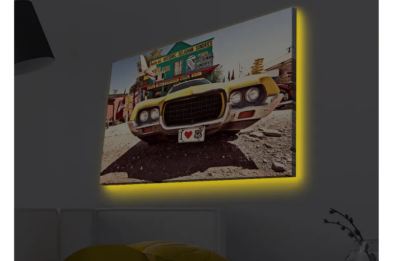 Canvastavla med LED-belysning - Klassisk amerikansk bil i retrostil - Gul / Grå / Svart - Inredning & dekor - Tavlor & konst - Canvastavla