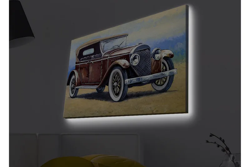 Canvastavla med LED-belysning - Klassisk bil med vintage-design, Mörkröd / Grå / Beige
