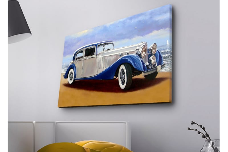 Canvastavla med LED-belysning - Klassisk bil vid havet med en dramatisk himmel i bakgrunden - Blå / Silver / Beige - Inredning & dekor - Tavlor & konst - Canvastavla