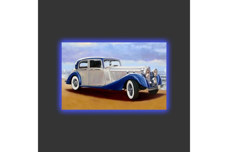 Canvastavla med LED-belysning - Klassisk bil vid havet med en dramatisk himmel i bakgrunden - Blå / Silver / Beige - Inredning & dekor - Tavlor & konst - Canvastavla