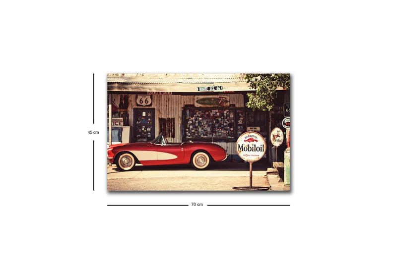 Canvastavla med LED-belysning - Klassisk röd sportbil framför en vintage bensinstation - Röd / Grå / Vit - Inredning & dekor - Tavlor & konst - Canvastavla