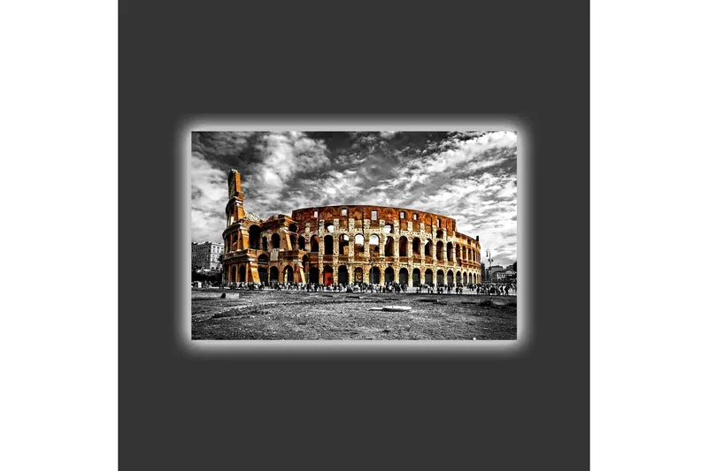 Canvastavla med LED-belysning - Kolosseum i svartvitt med inslag av orange och röd färg - Svart / Orange / Röd - Inredning & dekor - Tavlor & konst - Canvastavla