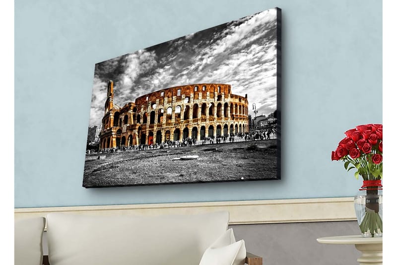 Canvastavla med LED-belysning - Kolosseum i svartvitt med inslag av orange och röd färg - Svart / Orange / Röd - Inredning & dekor - Tavlor & konst - Canvastavla