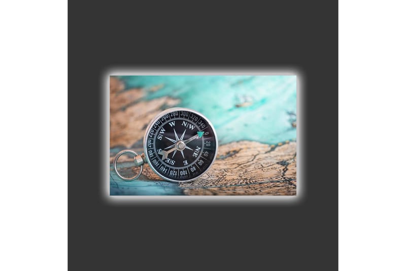 Canvastavla med LED-belysning - Kompass på en gammal karta med havstema - Turkos / Brunt / Svart - Inredning & dekor - Tavlor & konst - Canvastavla