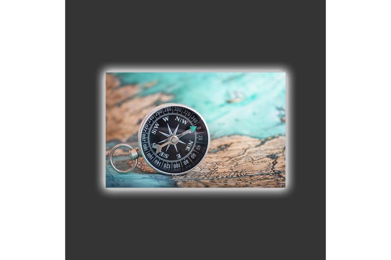 Canvastavla med LED-belysning - Kompass på en gammal karta med havstema - Turkos / Brunt / Svart - Inredning & dekor - Tavlor & konst - Canvastavla