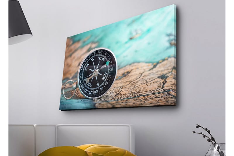 Canvastavla med LED-belysning - Kompass på en gammal karta med havstema - Turkos / Brunt / Svart - Inredning & dekor - Tavlor & konst - Canvastavla