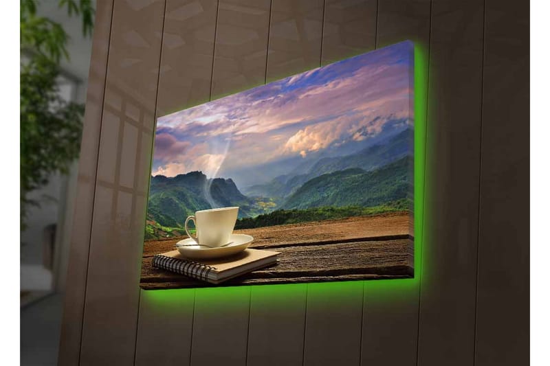 Canvastavla med LED-belysning - Kopp med ångande dryck framför en naturskön bergslandskap - Grön / Beige / Blå - Inredning & dekor - Tavlor & konst - Canvastavla