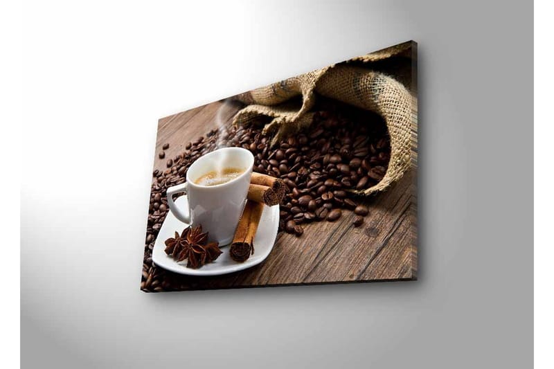 Canvastavla med LED-belysning - Kopp med ångande kaffe omgiven av kaffebönor och kryddor - Brun / Vit / Beige - Inredning & dekor - Tavlor & konst - Canvastavla