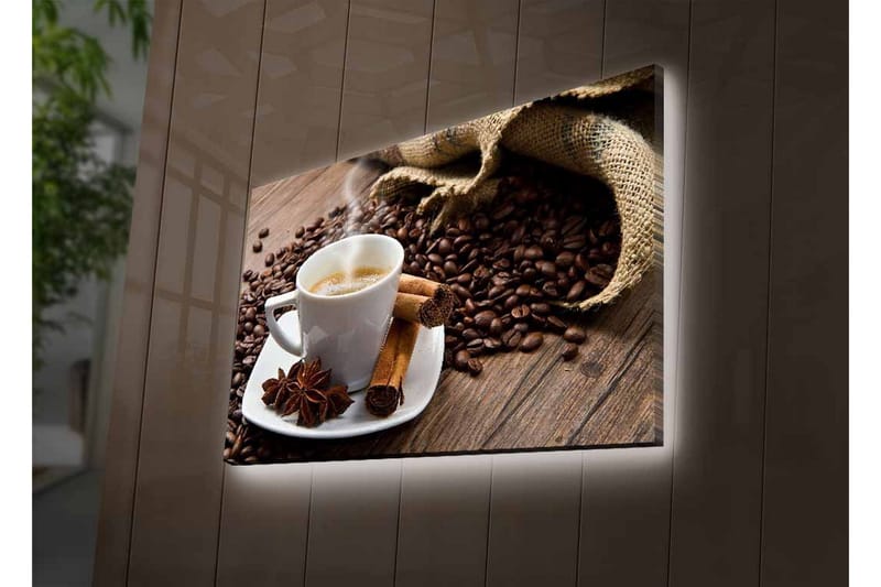 Canvastavla med LED-belysning - Kopp med ångande kaffe omgiven av kaffebönor och kryddor - Brun / Vit / Beige - Inredning & dekor - Tavlor & konst - Canvastavla