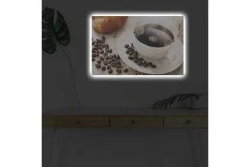 Canvastavla med LED-belysning - Kopp med svart kaffe och kaffebönor på ett bord - Svart / Brun / Vit - Inredning & dekor - Tavlor & konst - Canvastavla