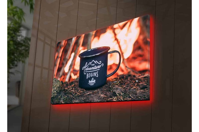 Canvastavla med LED-belysning - Kopp med text och bergslandskap i bakgrunden - Mörkblå / Orange / Grön - Inredning & dekor - Tavlor & konst - Canvastavla