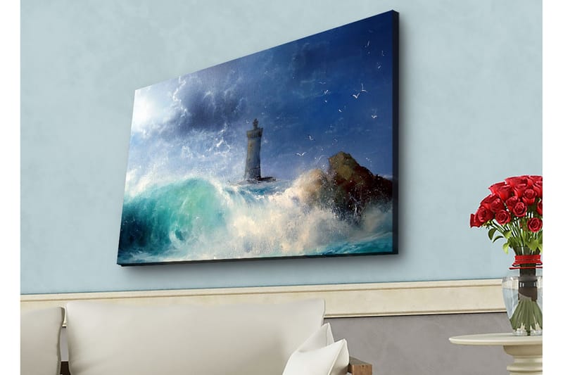 Canvastavla med LED-belysning - Kustlandskap med en fyr omgiven av kraftiga vågor - Mörkblå / Turkos / Vit - Inredning & dekor - Tavlor & konst - Canvastavla