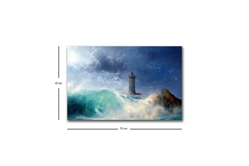 Canvastavla med LED-belysning - Kustlandskap med en fyr omgiven av kraftiga vågor - Mörkblå / Turkos / Vit - Inredning & dekor - Tavlor & konst - Canvastavla