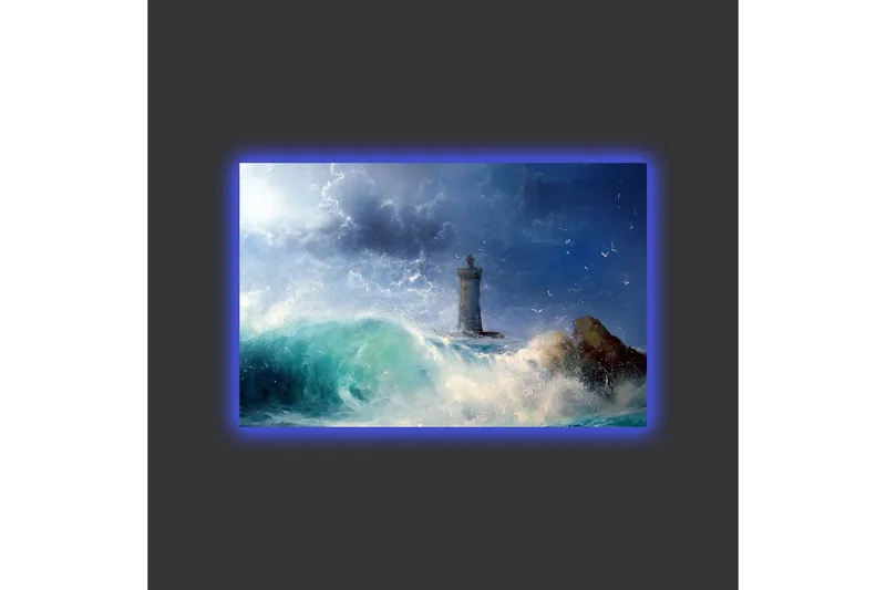 Canvastavla med LED-belysning - Kustlandskap med en fyr omgiven av kraftiga vågor - Mörkblå / Turkos / Vit - Inredning & dekor - Tavlor & konst - Canvastavla