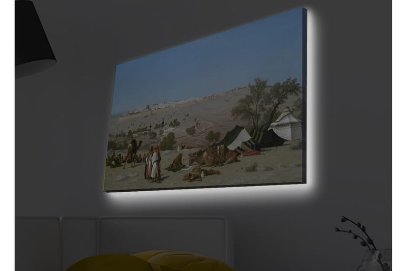 Canvastavla med LED-belysning - Landskap med beduiner och tält i ökenmiljö - Blå / Grön / Beige - Inredning & dekor - Tavlor & konst - Canvastavla