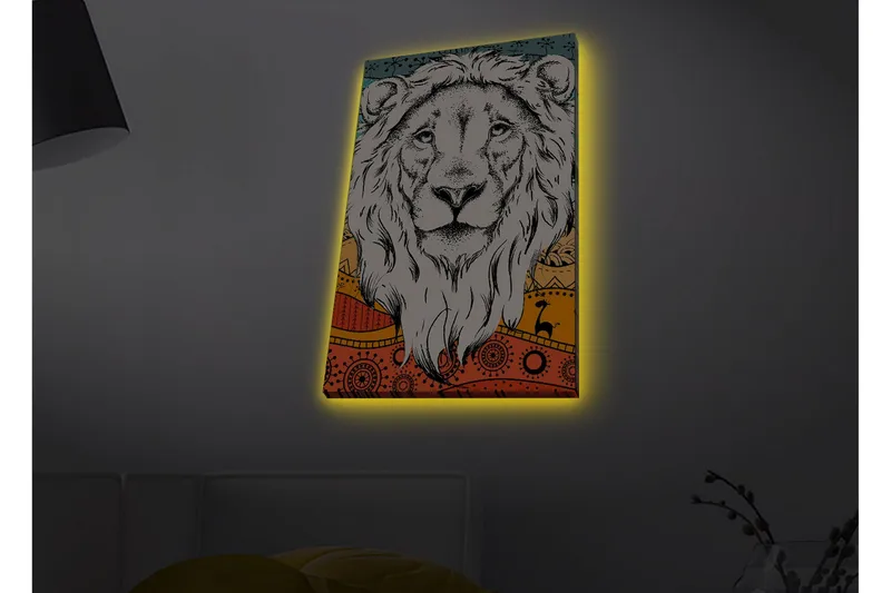Canvastavla med LED-belysning - Lejonhuvud med färgglad bakgrund och mönster, Grå / Orange / Blå