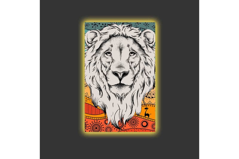 Canvastavla med LED-belysning - Lejonhuvud med färgglad bakgrund och mönster - Grå / Orange / Blå - Inredning & dekor - Tavlor & konst - Canvastavla