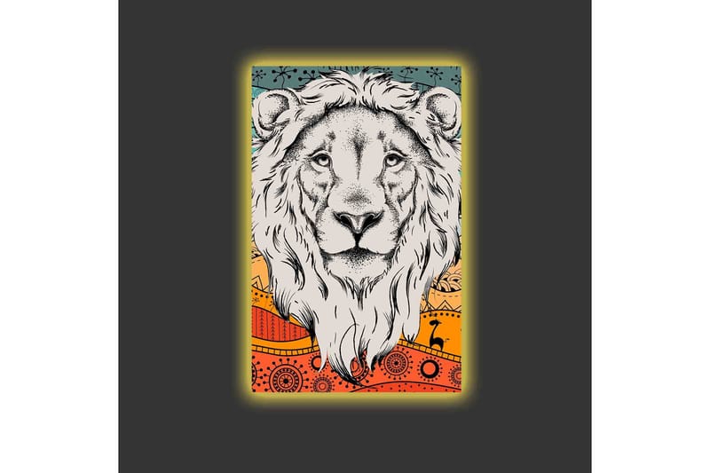 Canvastavla med LED-belysning - Lejonhuvud med färgglad bakgrund och mönster - Grå / Orange / Blå - Inredning & dekor - Tavlor & konst - Canvastavla