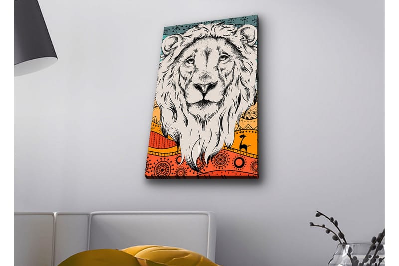 Canvastavla med LED-belysning - Lejonhuvud med färgglad bakgrund och mönster - Grå / Orange / Blå - Inredning & dekor - Tavlor & konst - Canvastavla
