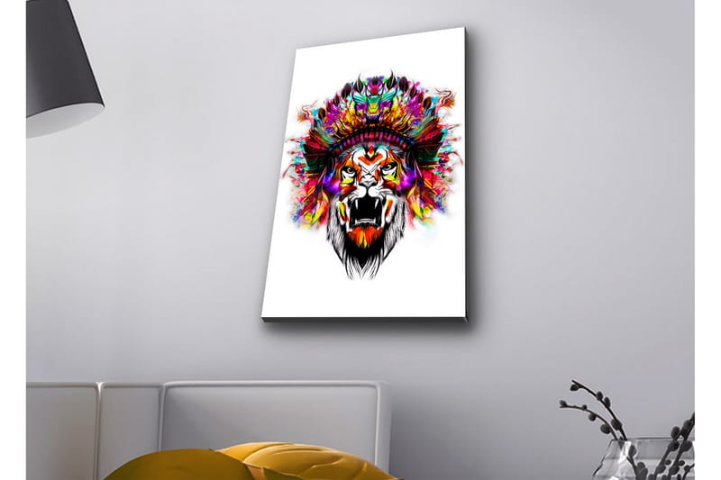 Canvastavla med LED-belysning - Lejonhuvud med färgglad fjäderskrud - Orange / Lila / Grön - Inredning & dekor - Tavlor & konst - Canvastavla