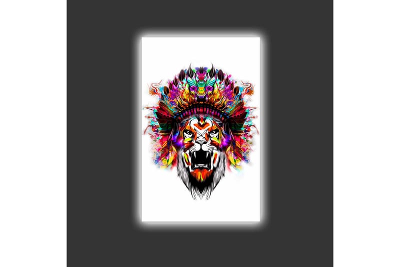 Canvastavla med LED-belysning - Lejonhuvud med färgglad fjäderskrud - Orange / Lila / Grön - Inredning & dekor - Tavlor & konst - Canvastavla
