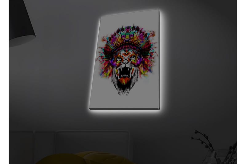Canvastavla med LED-belysning - Lejonhuvud med färgglad fjäderskrud - Orange / Lila / Grön - Inredning & dekor - Tavlor & konst - Canvastavla