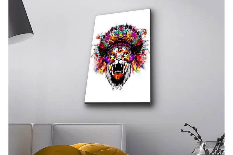 Canvastavla med LED-belysning - Lejonhuvud med färgglad fjäderskrud - Orange / Lila / Grön - Inredning & dekor - Tavlor & konst - Canvastavla