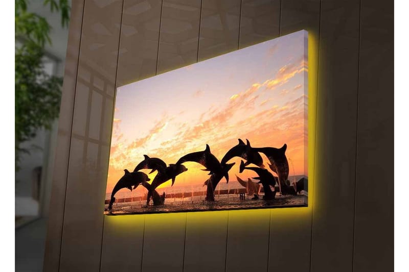 Canvastavla med LED-belysning - Lekfulla delfiner som hoppar i solnedgången - Orange / Svart / Blå - Inredning & dekor - Tavlor & konst - Canvastavla