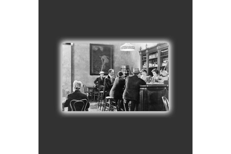 Canvastavla med LED-belysning - Livlig scen från en bar med människor i samtal och interaktion - Svart / Vit / Grå - Inredning & dekor - Tavlor & konst - Canvastavla