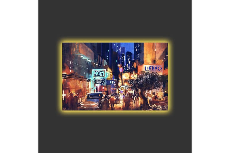 Canvastavla med LED-belysning - Livlig stadsbild med nattliv och bilar - Mörkblå / Orange / Grön - Inredning & dekor - Tavlor & konst - Canvastavla