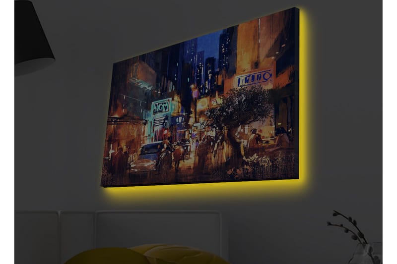 Canvastavla med LED-belysning - Livlig stadsbild med nattliv och bilar - Mörkblå / Orange / Grön - Inredning & dekor - Tavlor & konst - Canvastavla