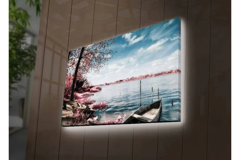 Canvastavla med LED-belysning - Lugn sjölandskap med båtar och blommande träd - Rosa / Blå / Grå - Inredning & dekor - Tavlor & konst - Canvastavla
