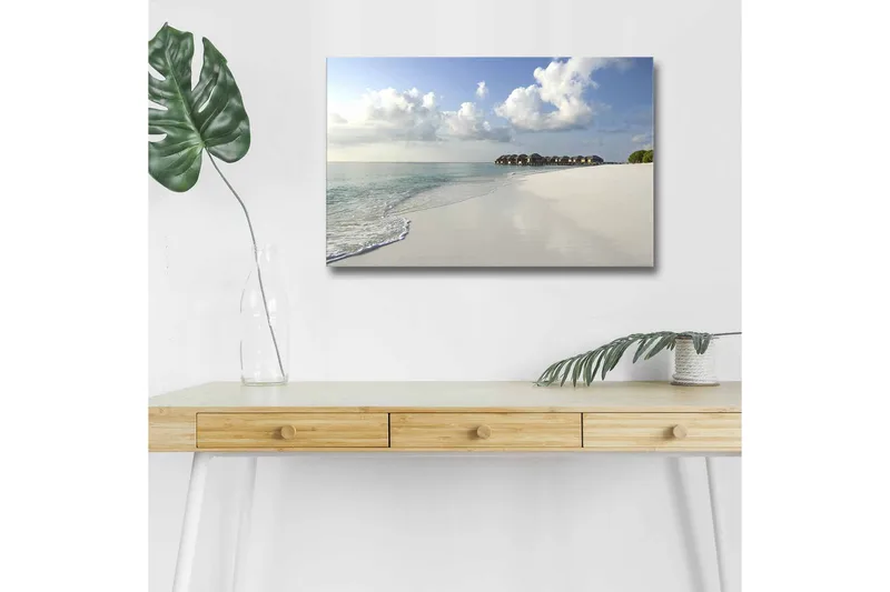 Canvastavla med LED-belysning - Lugn strand med klart vatten och vita sanddyner, Blå / Vit / Grön