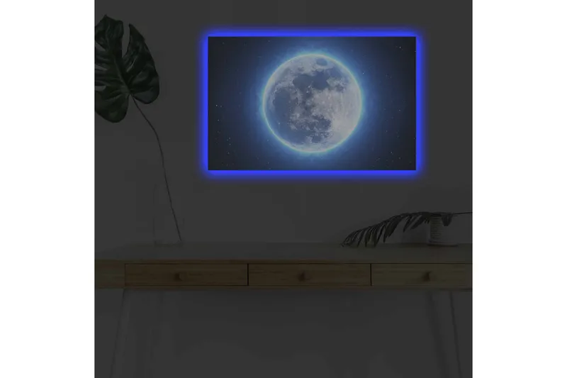 Canvastavla med LED-belysning - Luminös fullmåne omgiven av stjärnor - Blå / Vit / Mörkblå - Inredning & dekor - Tavlor & konst - Canvastavla