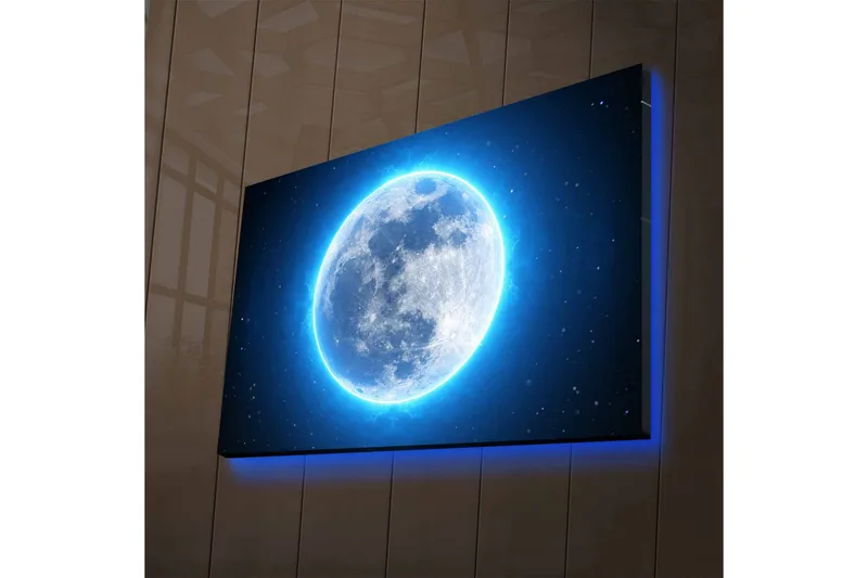 Canvastavla med LED-belysning - Luminös fullmåne omgiven av stjärnor - Blå / Vit / Mörkblå - Inredning & dekor - Tavlor & konst - Canvastavla